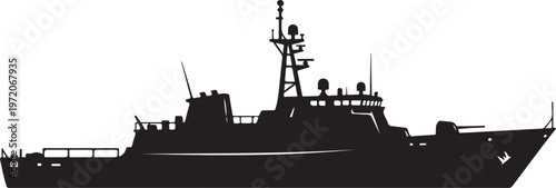 Military ship, naval vessel, black silhouette, vector icon, transportation, warfare, navy boat
