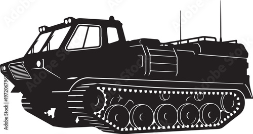 Military tank, armored vehicle, black illustration, vector graphic, combat machine