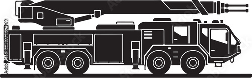 Fire truck, fire engine, emergency vehicle, rescue truck, black and white illustration