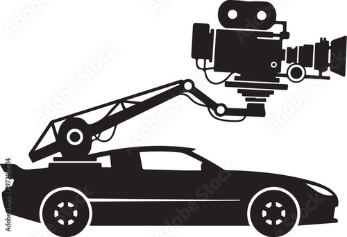 Film, movie, cinema camera, black silhouette, vector graphics, film equipment, car, vehicle, movie production, filmmaking tools