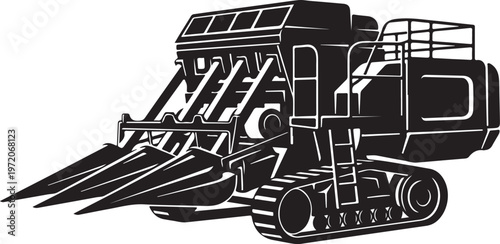 Industrial harvester machine, heavy equipment, agricultural tractor, black and white vector