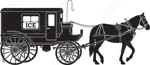 Vintage horse drawn carriage, ice delivery cart, black vector illustration, horse and buggy