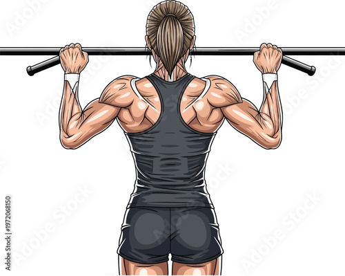 Strong athletic woman performing pull-ups showcasing powerful back and arm muscles perfect for fitness and workout concepts