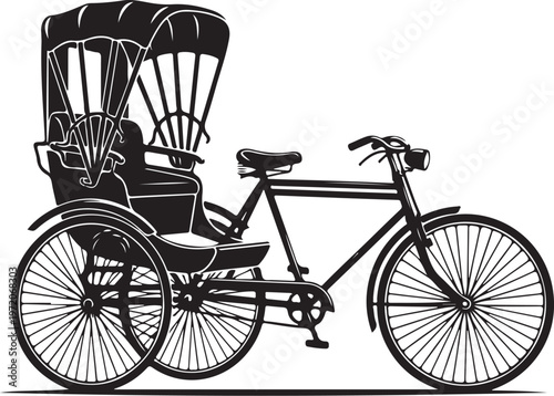 Vintage tricycle taxi, rickshaw bicycle, black vector illustration, transportation icon