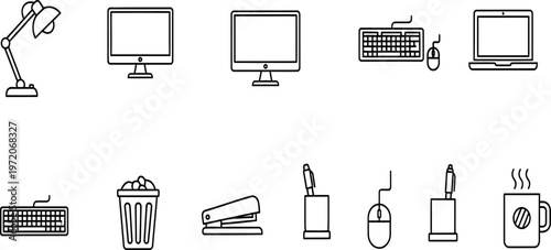 Hand drawn office equipment icons a collection of essential workstation tools in black and white