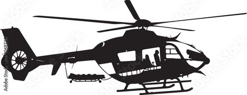 Black helicopter silhouette, side view, aircraft icon, transport symbol, vector illustration