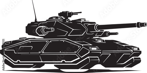 Military tank, combat vehicle, armored, black and white, vector graphics