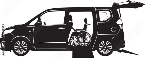 Accessible vehicle, wheelchair ramp, black silhouette, transportation icon, mobility aid