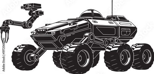 Futuristic Mars Rover, Space Exploration Vehicle, Robotic Transport, Black Vector Illustration