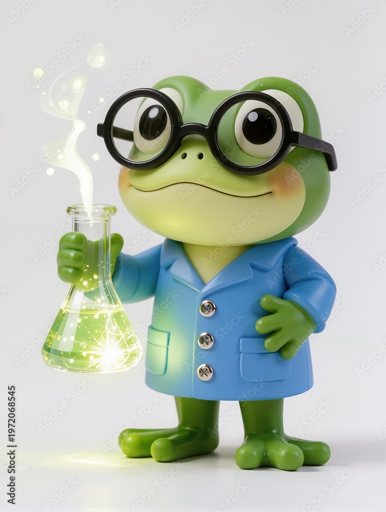 Obraz premium cute frog scientist glowing light resin toy holding flask white background