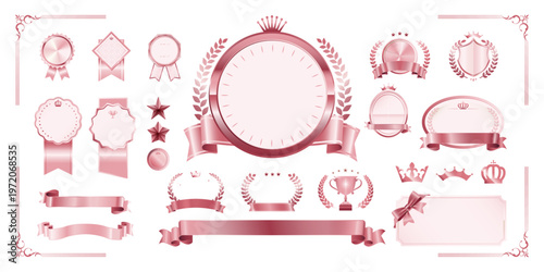 Rose Gold Badge and Label Blank Template Set – Award Ribbon, Laurel Wreath, Crown, Trophy Icons | Luxury Vector