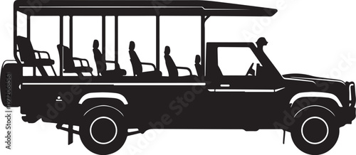 Safari tour truck, tourist vehicle, transportation icon, black silhouette