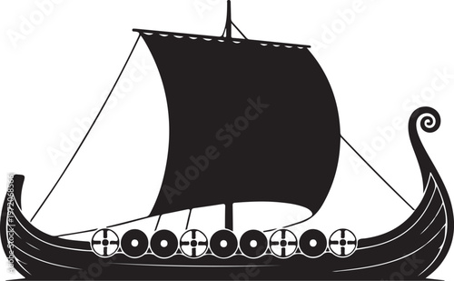 Viking ship, black silhouette, ancient Nordic vessel, sailing boat, vector illustration