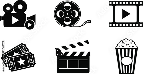 A versatile collection of black and white vector icons representing various essential elements of the film industry and cinematic entertainment, perfect for creative design projects