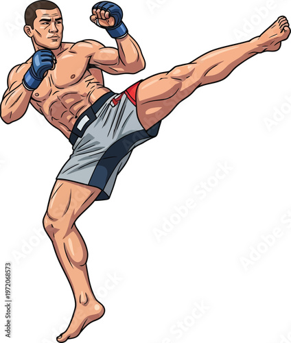 Muscular MMA fighter performing a high kick rendered in a detailed cartoon vector style ideal for combat sports and fitness promotions