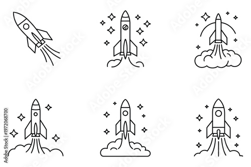 Rocket launch icon line art vector illustration design, minimal outline of a rocket taking off, representing space exploration, innovation, and aerospace projects