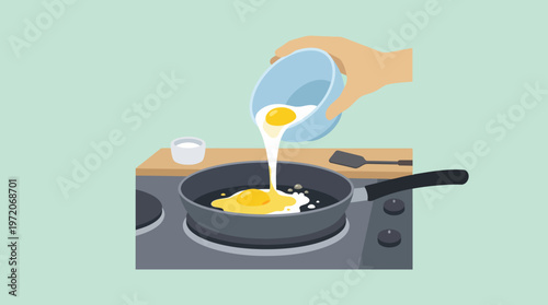 Pouring Egg into Pan for Cooking Breakfast Meal.