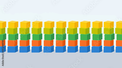 Row of colorful stacked cylindrical blocks in rainbow order.