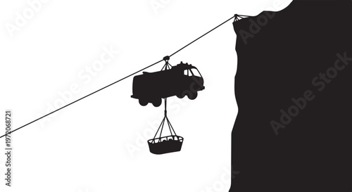 Cable car, cliffside transport, silhouette illustration, vector graphics
