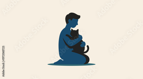Silhouette of a Person Kneeling and Embracing a Cat.