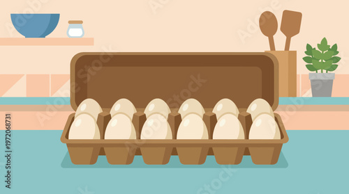 Six White Eggs in a Brown Carton Fresh and Ready.