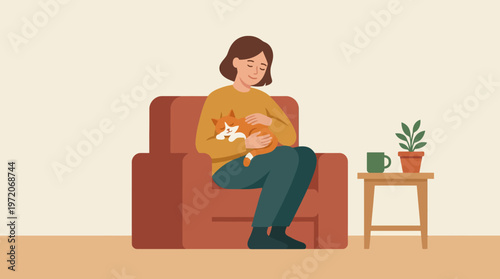 Woman Relaxing in Armchair Cradling Orange Cat Illustration.
