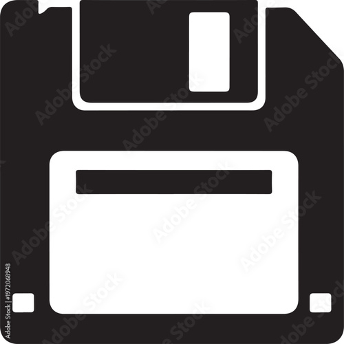 Floppy disk icon, data storage symbol, black and white vector, retro computer technology