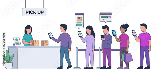 People waiting in line at a pick-up counter while using their phones