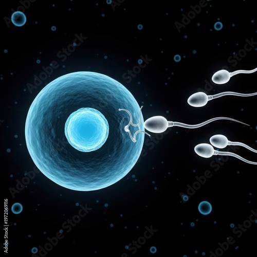 Tapety artystyczne Sperm cells approaching an egg cell in a microscopic biological process.