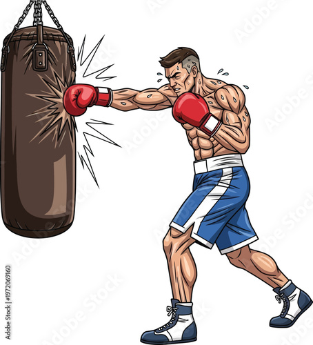 Muscular male boxer intensely punching a heavy bag during a training session depicted in a dynamic cartoon vector illustration isolated on white