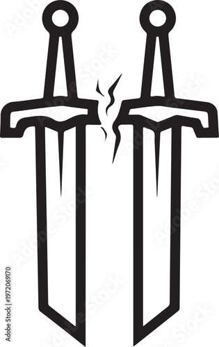 Swords, broken swords, crossed swords, black swords, vector icons