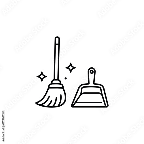 Spring cleaning broom and dustpan black and white vector Spring cleaning minimalist line art illustration