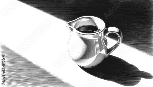 Classic pencil sketch of a ceramic creamer pitcher with detailed shading: Design for culinary blogs, art education handbooks, or vintage kitchen decor prints. Transparent background EPS version.