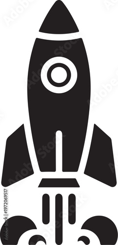 Black rocket icon, space shuttle symbol, launch vehicle graphic, modern flat design