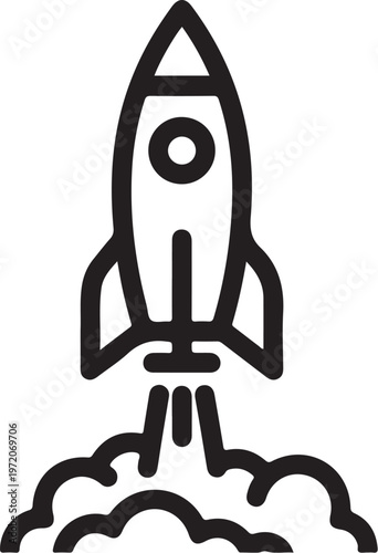 Rocket launch, space, black icon, vector illustration, launchpad, spacecraft