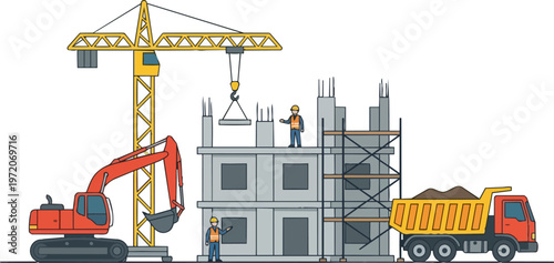 Construction site with excavator crane.