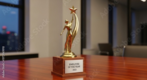 Employee of the Year trophy displayed on a polished wooden table.
