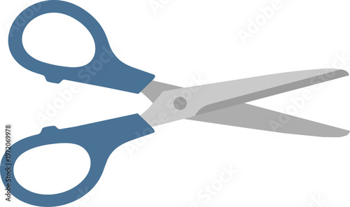 Blue handled metal scissors.
