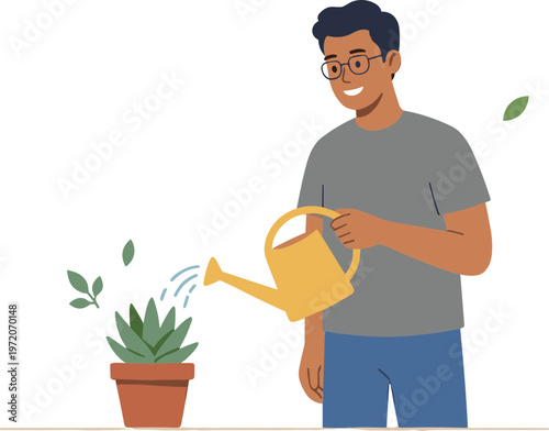 Man watering plant with yellow watering can indoors
