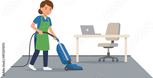 Woman cleaning office floor with vacuum cleaner near desk and chair