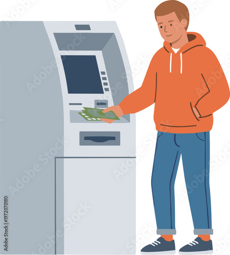 Man depositing cash into an ATM machine outdoors in daytime.