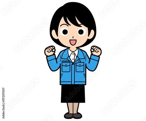 ガッツポーズするショートヘアーの事務員の女性