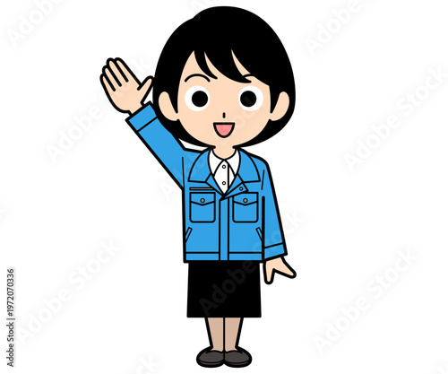 手を上げて返事をするショートヘアーの事務員の女性