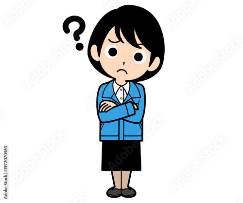 首を傾げて疑問に思うショートヘアーの事務員の女性