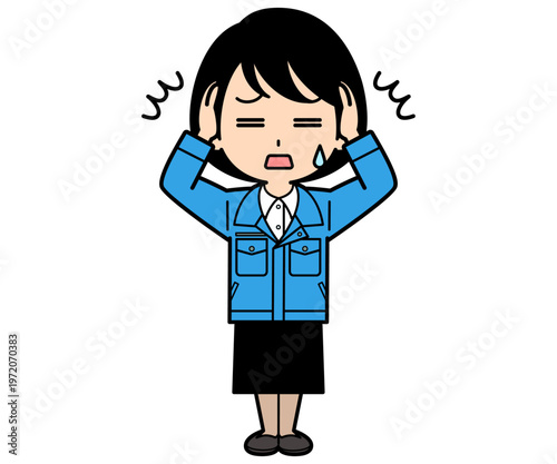 頭を抱えるショートヘアーの事務員の女性