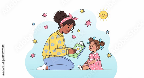 Mother reading book to daughter in charming illustration