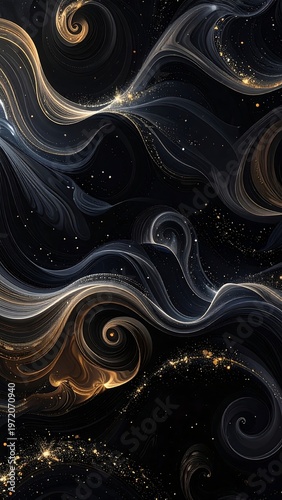 A swirling abstract design with gold and blue elements on a black background