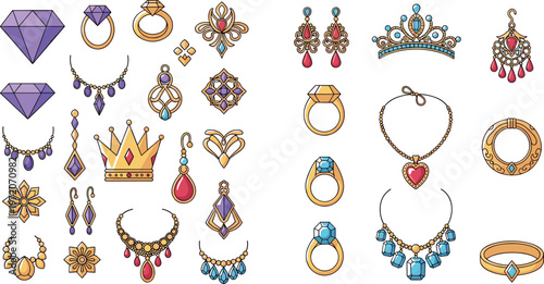Luxury Jewelry Illustration Set with Diamonds, Rings, Earrings, Crowns, and Necklaces in Elegant Vector Style