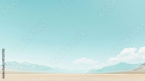 Serene Desert Landscape: Pastel Sky, Mountains, and Expansive Sand.