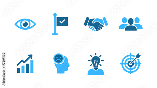 Set of icons symbolizing leadership, vision, and goal achievement.